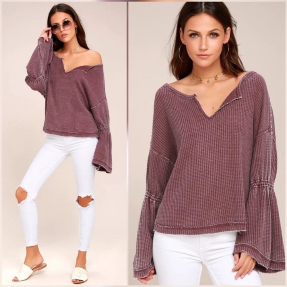 Free People Purple Thermal Henley Bell Flare Top